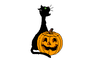 Carte 1 pour Halloween : chat noir et citrouille