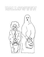 Coloriage 5 pour Halloween : enfants en clown et fantome