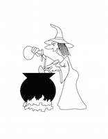 Coloriage 7 pour Halloween : sorcière devant son chaudron